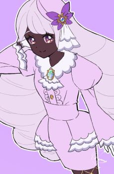 1girl ascot closed_mouth dark-skinned_female dark_skin dress eyelashes fishnet_pantyhose fishnets gloves hand_up hat_ornament jacinthe_(pokemon) long_hair meru_merume603 mixed-language_commentary nintendo outline pantyhose pink_dress pokemon pokemon_legends:_z-a puffy_sleeves purple_background purple_eyes signature simple_background smile solo tilted_headwear white_ascot white_gloves