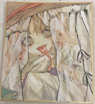 Rule 34 | 1girl, brown eyes, brown hair, brown hat, commentary request, hair ribbon, hat, highres, long hair, long sleeves, long tongue, looking at viewer, moriya suwako, open mouth, red ribbon, ribbon, shikishi, shinjitsu no kuchi, shirt, smile, solo, tongue, tongue out, touhou, upper body, veil, white shirt, wide sleeves