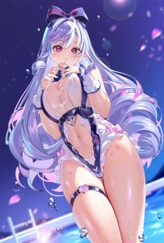 Rule 34 | 1girl, absurdres, areola slip, blush, closed mouth, clothing cutout, drill hair, falling petals, fingernails, highres, kururu (qqqqq59508750), long hair, looking at viewer, nail polish, navel, official alternate costume, one-piece swimsuit, petals, pointy ears, purple hair, purple nails, red eyes, revealing clothes, revision, see-through clothes, see-through one-piece swimsuit, smile, solo, stomach, stomach cutout, swimsuit, thigh strap, very long hair, vivian banshee, vivian banshee (iris of the shore), wading, water, zenless zone zero