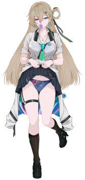 1girl absurdres aqua_necktie black_boots black_ribbon black_skirt black_socks blonde_hair blowing_bubble_gum blue_eyes blue_panties boots bra_visible_through_clothes breasts bright_moon charm_(object) chewing_gum clang_bang_(wuthering_waves) cleavage commentary earrings hair_ornament hair_ribbon headphones headphones_around_neck highres holding jewelry kneehighs large_breasts long_hair looking_at_viewer lynae_(wuthering_waves) mole mole_on_breast multicolored_hair necktie panties presenting pulling_own_clothes ribbon see-through_clothes shirt skirt skull_hair_ornament socks solo star_(symbol) star_earrings streaked_hair thigh_strap thighs underwear white_shirt wuthering_waves