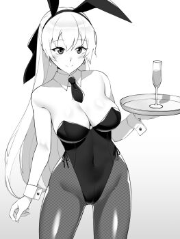 Rule 34 | 1girl, animal ears, ao no kiseki, black leotard, bow, bowtie, breasts, cleavage, detached collar, drink, eiyuu densetsu, elie macdowell, fishnets, hairband, hashtag-only commentary, highres, large breasts, leotard, looking at viewer, mizuno asami, monochrome, pantyhose, playboy bunny, rabbit ears, strapless, strapless leotard, wrist cuffs, zero no kiseki