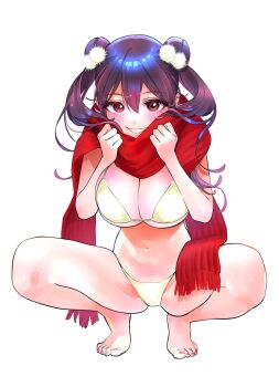 1girl barefoot bikini breasts brown_hair commentary_request double_bun full_body grin hair_between_eyes hair_bun hair_ornament highres kabaya_yumiko kakunaru_ue_wa large_breasts looking_at_viewer miyamoto_niina navel red_eyes red_scarf scarf simple_background smile solo squatting swimsuit tiptoes twintails white_background yellow_bikini