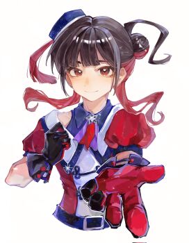 Rule 34 | 1girl, belt, belt buckle, black gloves, brown hair, buckle, clenched teeth, closed mouth, commentary, gloves, hair bun, hands up, highres, looking at viewer, love live!, love live! superstar!!, moben, multicolored hair, outstretched arm, outstretched hand, real life, red eyes, red gloves, red hair, short hair with long locks, short sleeves, simple background, single hair bun, smile, solo, superstar!! (love live!), teeth, two-tone gloves, two-tone hair, upper body, voice actor, white background, yabushima akane