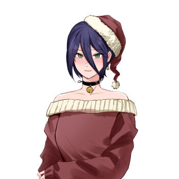 1girl absurdres akena_(ssrr3783) arm_across_waist bell black_choker blush chainsaw_man choker collarbone commentary earrings fur-trimmed_headwear fur_trim green_eyes grenade_pin hair_between_eyes hand_on_own_arm hat highres jewelry jingle_bell long_hair_between_eyes long_sleeves looking_at_viewer neck_bell negative_space off-shoulder_sweater off_shoulder parted_lips pull_cord purple_hair red_hat red_sweater reze_(chainsaw_man) santa_hat single_earring solo sweater white_background white_trim