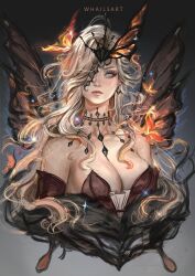 Rule 34 | 1girl, artist name, bare shoulders, black mask, blonde hair, blue eyes, breasts, butterfly mask, butterfly wings, cleavage, collarbone, cowboy shot, dress, earrings, eye mask, fur trim, genshin impact, gloves, half mask, highres, insect wings, jewelry, large breasts, long hair, looking at viewer, mask, mask over one eye, one eye covered, signora (genshin impact), solo, whails, wings