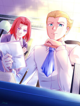 Rule 34 | 1boy, 1girl, alan richard, artist name, blonde hair, blue eyes, blue neckerchief, bob cut, book, chair, character request, clipboard, closed mouth, commentary request, commission, earrings, eiyuu densetsu, hair intakes, hair slicked back, holding, holding clipboard, holding paper, indoors, jewelry, lamp, long sleeves, neckerchief, paper, pen, purple eyes, short hair, signature, sitting, skeb commission, smile, sora no kiseki, upper body, xiacheng tatsuya