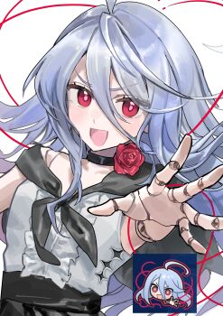 1girl absurdres black_choker black_skirt chibi chibi_inset choker doll doll_joints double-parted_bangs flower grey_hair hair_between_eyes hair_over_face high-waist_skirt highres joints long_hair looking_at_viewer okoge_(koge_chan) open_mouth puppet_strings red_eyes rose shadowverse shadowverse:_worlds_beyond shirt skirt sleeveless sleeveless_shirt solo upper_body v-shaped_eyebrows white_background white_shirt zwei_(shingeki_no_bahamut)