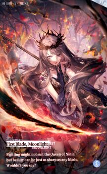 Rule 34 | 1girl, artist request, bare tree, black collar, black crown, black dress, blue dress, blue gloves, character name, collar, collarbone, commentary, copyright logo, cowboy shot, crown, detached collar, dress, elbow gloves, embers, english commentary, english text, fire, flaming weapon, flower, forest, gloves, grey eyes, grey hair, hand on own chin, happy, highres, holding, holding behind back, holding scythe, holding weapon behind back, knee pads, light particles, lilith (shining nikki), lipstick, logo, long hair, looking at viewer, makeup, nature, night, nikki (series), official alternate color, official art, outdoors, parted lips, petals, purple flower, purple rose, red lips, rose, rose petals, scythe, shining nikki, sleeveless, sleeveless dress, solo, standing, thorns, tree, two-tone dress, very long hair, wavy hair, weapon