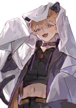 1boy akehoshi_subaru animal_ears blue_eyes cat_ears cat_tail choker cowboy_shot crop_top ensemble_stars! fangs fur-trimmed_jacket fur_trim hair_between_eyes highres jacket kemonomimi_mode long_sleeves looking_at_viewer male_focus midriff navel official_alternate_costume open_clothes open_jacket open_mouth orange_hair purple_choker purple_jacket short_hair simple_background smile solo tail white_background wwww6210