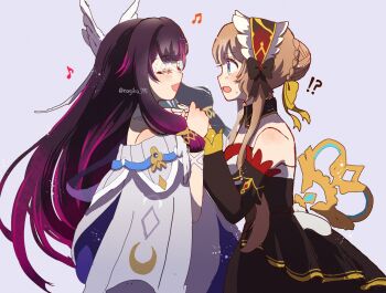 !? 2girls arm_ribbon bare_shoulders black_bow black_dress black_hair blue_eyes blush bow brown_hair choker columbina_(genshin_impact) commentary_request detached_sleeves dress eye_mask frilled_sleeves frills genshin_impact hair_ornament headdress highres long_hair looking_at_another mask multicolored_hair multiple_girls musical_note nagiko_795 open_mouth pink_hair ribbon sandrone_(genshin_impact) see-through_clothes see-through_mask sweatdrop two-tone_hair updo upper_body watermark white_dress white_ribbon winding_key wing_hair_ornament yellow_bow yuri