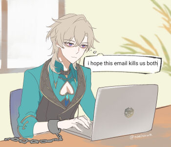 1boy aqua_pupils aqua_shirt aventurine_(honkai:_star_rail) bags_under_eyes belt_collar black_collar black_vest blonde_hair chained_wrists cleavage_cutout closed_mouth clothing_cutout collar collared_shirt commentary computer english_commentary english_text highres honkai:_star_rail honkai_(series) indoors laptop long_sleeves male_focus medium_hair narisawr pink_eyes shirt solo speech_bubble thought_bubble twitter_username vest