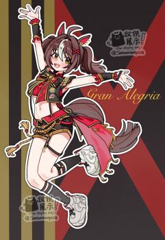 1girl animal_ears arms_up blush breasts character_name commentary_request commission full_body gran_alegria_(umamusume) hair_between_eyes hair_ornament highres horse_ears horse_girl horse_tail looking_at_viewer midriff navel open_mouth saramiao-chan shoes shorts simple_background solo standing standing_on_one_leg tail teeth twintails umamusume upper_teeth_only x_hair_ornament