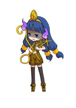 Rule 34 | 1girl, alphes (style), black thighhighs, blue eyes, blue hair, blunt bangs, boots, brown boots, brown shirt, brown shorts, chibi, chibi only, collared shirt, commentary request, dairi, earrings, facial mark, fold-over boots, full body, hair bobbles, hair ornament, holding, holding staff, jewelry, key earrings, large variant set, long hair, michigami nareko, parody, parted lips, shaded face, shirt, short sleeves, shorts, simple background, solo, sphere hair ornament, staff, standing, style parody, tachi-e, thighhighs, touhou, transparent background, triangle, triangle facial mark, variant set
