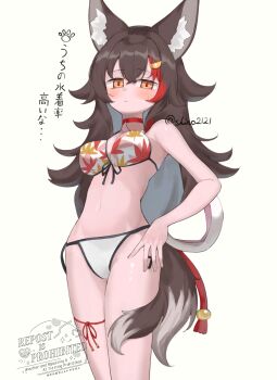 1girl animal_ear_fluff animal_ears artist_name bare_shoulders bikini black_hair blush choker commentary hand_on_own_hip highres hololive long_hair looking_at_viewer multicolored_hair navel official_alternate_costume ookami_mio ookami_mio_(hololive_summer_2019) orange_eyes red_choker red_hair rope shimenawa shino2121 simple_background solo swimsuit tail tail_around_own_leg virtual_youtuber wolf_ears wolf_girl wolf_tail
