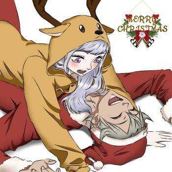 1boy 1girl animal_costume asta_(black_clover) black_clover blush christmas closed_eyes couple hat hetero highres looking_at_viewer lying_on_partner noelle_silva open_mouth reindeer_costume santa_hat smile