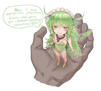 Rule 34 | 1girl, antenna hair, black souls, black souls 2, blush, chain, chain leash, collar, colored eyelashes, commentary, covered navel, debuffs only, english commentary, english text, engrish commentary, fairy, fairy wings, furrowed brow, green eyes, green hair, green leotard, green shoes, hair over eyes, hand up, highres, leaf (black souls), leash, leotard, long hair, looking at viewer, maid headdress, pointy ears, shoes, sidelocks, smile, smug, speech bubble, standing on another's hand, wings