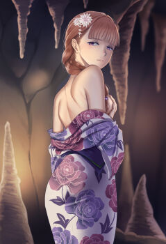 1girl bare_shoulders braid brown_hair cave covering_privates covering_breasts floral_print flower hair_flower hair_ornament hair_over_shoulder hand_up highres hishigata_tokiko japanese_clothes kakukau kimono looking_back purple_eyes stalactite stalagmite standing summertime_render yukata