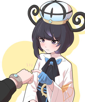 1boy 1girl absurdres black_bow black_bowtie black_dress black_hair black_jacket blue_gloves blunt_bangs bow bowtie bracelet clenched_hand closed_mouth commentary dress fist_bump gloves gwynn_(pokemon) hand_up hat highres jacket jewelry korean_commentary light_blush martinicandy nintendo notice_lines open_clothes open_jacket partially_fingerless_gloves pokemon pokemon_legends:_z-a white_jacket