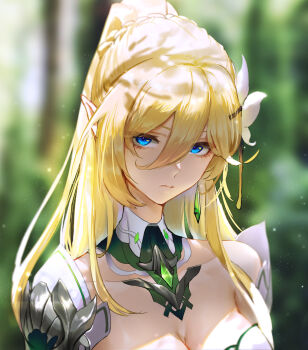 1girl armor backlighting blonde_hair blue_eyes blurry blurry_background braid breasts chinese_commentary cleavage close-up collarbone commentary_request detached_collar durandal_(emerald_of_alfheim)_(honkai_impact) durandal_(honkai_impact) earrings elf ether.b expressionless eyes_visible_through_hair flower hair_between_eyes hair_flower hair_ornament highres honkai_(series) honkai_impact_3rd jewelry long_hair looking_at_viewer outdoors pointy_ears ponytail shoulder_armor solo upper_body