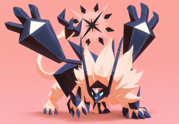 alternate_color animal_nose black_claws black_gemstone blue_eyes claws commentary commentary_request crystal ewokakukaede gem gen_7_pokemon glowing glowing_eyes highres horns legendary_pokemon lion mane necrozma necrozma_(dusk_mane) nintendo no_humans official_alternate_color pink_background pokemon pokemon_(creature) pokemon_focus shiny_pokemon solo sparkle star_(symbol) sun_symbol tail triangle