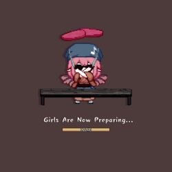 1girl animal_ears animated apron bandana bird_ears bird_girl bird_wings blush brown_background cooking eighth_note english_text fire food bad_tag grill grilling hat headwrap hitting japanese_clothes knife loading_screen meat motion_lines musical_note musical_note_print mystia_lorelei obi official_alternate_costume performance pink_hair pixel_art quaver sash screencap self-upload short_hair simple_background skirt skull_cap slashing sliced slicing slippers socks speed_lines stab standing sunglasses suspenders tagme throwing touhou touhou_mystia&#039;s_izakaya towel video wing_ornament wings youzikk