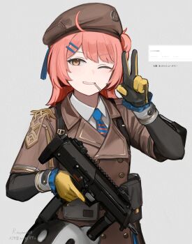 1girl absurdres ahoge animal_bag artist_name beret black_gloves blue_necktie brown_jacket candy cheeta_(girls&#039;_frontline_2) collared_shirt diagonal-striped_clothes diagonal-striped_necktie food girls&#039;_frontline girls&#039;_frontline_2:_exilium gloves grey_background grin gun h&amp;k_mp7 hair_ornament hairclip hat highres holding holding_gun holding_weapon jacket lollipop looking_at_viewer mp7_(girls&#039;_frontline) necktie odaibako one_eye_closed pink_hair pouch rampart1028 request_inset shirt simple_background smile solo striped_clothes submachine_gun trigger_discipline two-tone_gloves upper_body v weapon white_shirt yellow_gloves