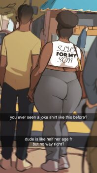 1boy 1girl age_difference ass blurry clothes_writing dark-skinned_female dark-skinned_male dark_skin depth_of_field english_text fake_screenshot highres holding_hands implied_incest mature_female mother_and_son motion_blur not_enough_milk original outdoors people walking