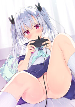 1girl blue_sailor_collar blue_skirt blush closed_mouth controller convenient_censoring frills game_controller hair_between_eyes hair_ornament hairclip highres holding iio_shirina kneehighs long_hair looking_at_viewer neckerchief no_panties original pleated_skirt rabbit_hair_ornament red_eyes ryouka_(suzuya) sailor_collar school_uniform serafuku shirt short_sleeves sitting skirt socks solo spread_legs twintails white_shirt white_socks