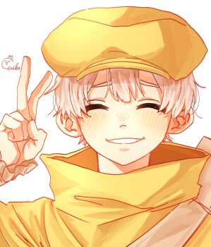 1boy blush closed_eyes dr._stone eerika1114 facing_viewer hand_up hat high_collar highres jacket male_focus portrait saionji_ukyou short_hair signature smile solo upper_body v white_background white_hair yellow_jacket