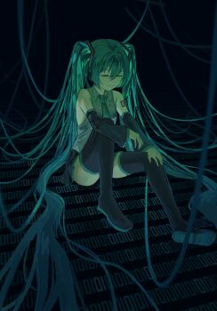 1girl absurdly_long_hair absurdres arm_on_knee binary black_shoes black_skirt black_sleeves black_thighhighs closed_eyes closed_mouth commentary detached_sleeves full_body hair_between_eyes hand_on_own_knee hatsune_miku highres k2s knees_up long_hair miniskirt shirt shoes sitting skirt sleeveless sleeveless_shirt solo thighhighs twintails very_long_hair vocaloid white_shirt