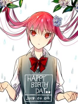 1girl ayasaki_remi collared_shirt commentary_request dated flower grey_sweater_vest hagiwara_daisuke hair_flower hair_ornament happy_birthday hori-san_to_miyamura-kun leaf long_hair looking_at_viewer parted_lips pink_eyes pink_hair red_ribbon ribbon shirt solo star_(symbol) sweater_vest twintails upper_body v-neck water_drop white_background white_flower