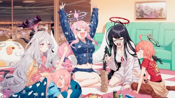 Rule 34 | > <, 5girls, ahoge, alternate costume, alternate hairstyle, angel wings, artist name, black hair, black wings, blanket, blew andwhite, blue archive, character doll, chips (food), cityscape, closed mouth, commentary request, dated, demon horns, demon wings, doll, drooling, fang, feathered wings, food, gloom (expression), grey hair, grimace, halo, highres, hina (blue archive), horns, hoshino (blue archive), indoors, jenga, light blush, long hair, medium hair, messy hair, mika (blue archive), monster energy, multiple girls, neru (blue archive), night, on floor, open mouth, orange hair, pajamas, peroro (blue archive), pink hair, polka dot, polka dot pajamas, potato chips, print shirt, red shirt, saliva, shirt, signature, sitting, sleeping, sleepover, sleepwear, smile, stuffed whale, t-shirt, trait connection, tsurugi (blue archive), v, very long hair, wavy hair, white wings, wings, yokozuwari