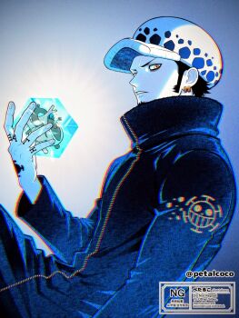 Rule 34 | 1boy, arm up, black hair, coat, collared coat, commentary, devil fruit power, earrings, english commentary, facial hair, goatee, hand tattoo, hat, heart (organ), heart pirates jolly roger, highres, jewelry, long sleeves, looking to the side, male focus, multiple earrings, one piece, petalcoco, piercing, popped collar, short hair, sideburns, sideways glance, sitting, solo, tattoo, trafalgar law, watermark, yellow eyes, zipper