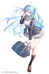 Rule 34 | 1girl, ahoge, bag, black bag, black socks, blue hair, bow, bowtie, brown footwear, elf, full body, hair ornament, hair scrunchie, hand up, holding, holding bag, hololive, kneehighs, loafers, long hair, long sleeves, looking at viewer, official art, open mouth, pointy ears, riichu, scrunchie, shoes, simple background, skirt, smile, socks, standing, standing on one leg, two side up, virtual youtuber, white background, yellow eyes, yukihana lamy