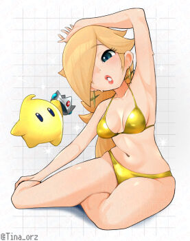 1girl arm_up armpits artist_name bad_tag bikini blonde_hair blue_eyes breasts cleavage collarbone crown earrings female full_body gold_bikini grid_background hair_over_one_eye head_tilt jewelry lips long_hair looking_at_viewer luma_(mario) mario_(series) medium_breasts navel nintendo one_eye_covered parted_lips rosalina sitting star_(symbol) star_earrings stomach super_mario_galaxy swimsuit thighs tina_orz twitter_username yellow_bikini