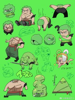 1boy ? anatomical_nonsense ass bandana bara bikini_briefs black_bandana boa_hancock character_doll character_name cosplay crossed_arms doll evil_smile frown furrification furry furry_male green_hair green_theme gu_gu_bi_ba_bu hand_on_own_chin highres jitome large_pectorals male_focus male_underwear marimo marimo_zoro mouth_hold multiple_expressions multiple_views one_piece pectorals plantification pleading_eyes pose_imitation roronoa_zoro sanpaku scar scar_across_eye scar_on_face scene_reference short_hair smile sparkle sparkling_aura stretching stroking_own_chin toon_(style) triangle tsurime turn_pale underwear uta_(one_piece) uta_(one_piece)_(cosplay) zzz