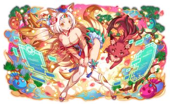 1girl 1other animal_ear_fluff animal_legs aqua_bag aqua_clouds aqua_skirt artist_request beoseon black_fur black_tail blue_hat bokjumeoni bonsai bracelet breasts butterfly_ornament cheon-ho_(crash_fever) cleavage clothing_request cloud collar crash_fever facial_mark flower_symbol fluff forehead forehead_mark full_body game_cg gomusin green_bag hair_ears hair_ornament hair_stick hair_tie hands_on_own_legs hat headwear_request jewelry kitsune kneehighs korean_clothes large_breasts layered_skirt leaning_to_the_side light_particles long_hair low-tied_long_hair monster_fox_(crash_fever) multicolored_footwear multicolored_hair norigae official_art orange_background orange_eyes orange_hair orange_tail outline pink_bag red_collar red_eyes red_fox red_fur red_outline red_petals red_skirt red_tail ribbon saturated see-through_clothes skirt socks strapless tachi-e tassel thighhighs transparent_background two-sided_fabric two-sided_skirt two-tone_collar two-tone_fur two-tone_hair two-tone_tail white_collar white_hair white_socks white_thighhighs yellow_ribbon