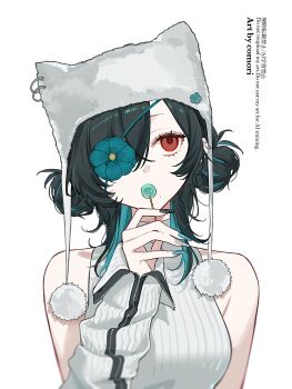 1girl animal_hat bare_shoulders black_hat black_nails breasts candy cat_hat commentary commission comori fingernails food green_hair green_nails grey_nails hair_over_one_eye hat highres holding holding_candy holding_food holding_lollipop large_breasts lollipop long_fingernails long_hair mole mole_under_eye multicolored_hair multicolored_nails nail_polish original parted_bangs red_eyes ribbed_sweater simple_background skeb_commission sleeveless sleeveless_sweater solo sweater turtleneck turtleneck_sweater two-tone_hair upper_body white_background white_hat white_sweater