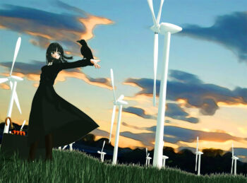 1girl 3d bird black_bird black_hair dress ekkusu_kyuuzu female_focus goth_fashion gothic_lolita lolita_fashion original solo wind windmill