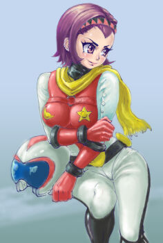 bad_id bad_pixiv_id belt bodysuit earrings getter_robo getter_robo_(classic) gloves hairband headband helmet jewelry pilot_suit pipipi purple_eyes purple_hair retro_artstyle saotome_michiru scarf short_hair smile solo toei_company