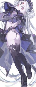 1girl abigail_williams_(fate) absurdres ass black_dress double_bun dress expressionless fate/grand_order fate_(series) hair_bun hairband highres loli lolita_hairband long_hair looking_at_viewer looking_back nemo_(leafnight) pale_skin red_eyes revealing_clothes sketch solo thighhighs third_eye very_long_hair white_hair
