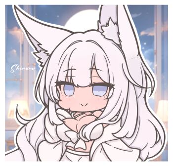 Rule 34 | 1girl, animal ears, azur lane, blue eyes, breasts, character name, chibi, chibi only, cleavage, commentary, fox ears, fox girl, futaba (anti clockwise), highres, large breasts, long hair, looking at viewer, shinano (azur lane), smile, solo, symbol-only commentary, very long hair, white hair