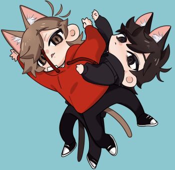 Rule 34 | 2boys, animal ears, animification, antenna hair, aqua background, bandage on cheek, bikmo321, black hoodie, black pants, black shoes, boy on top, brown eyes, brown hair, cat boy, cat ears, cat tail, chibi, chibi only, commentary request, drawstring, dual persona, eddsworld, extra ears, flipped hair, full body, highres, hood, hood down, hoodie, kemonomimi mode, long sleeves, looking at viewer, lying, male focus, multiple boys, on back, on side, pants, prototype design, red hoodie, shoes, short hair, simple background, slit pupils, sneakers, tail, tongue, tongue out, tord (eddsworld)