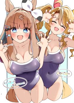 absurdres ahoge almond_eye_(umamusume) alternate_costume animal_ears blonde_hair blue_eyes blush breasts cleavage closed_eyes collarbone commentary_request fingernails fusaichi_pandora_(umamusume) groin hair_between_eyes hair_ornament highres horse_ears horse_girl horse_tail large_breasts looking_at_viewer multicolored_hair navel ponta_(1859ysmssstsp) school_uniform tail twintails two-tone_hair umamusume