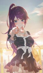 Rule 34 | 1girl, bag, bakemonogatari, black dress, blue eyes, blush, breasts, bridge, cleavage, closed mouth, cloud, commentary, dress, english commentary, foreshortening, frilled dress, frills, hair ornament, hair scrunchie, handbag, heart, heart necklace, high ponytail, highres, jewelry, large breasts, long hair, looking at viewer, monogatari (series), necklace, outdoors, outstretched arm, pointing, pointing at viewer, purple hair, scrunchie, senjougahara hitagi, short sleeves, sky, smile, solo, swept bangs, tokkyu, white scrunchie