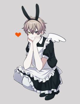 1boy alban_knox alternate_costume angel_wings animal_ears apron black_dress black_shoes brown_hair commentary_request crossdressing crossdressing_(mtf) dress enmaided fake_animal_ears frilled_apron frills frown full_body green_eyes grey_background grey_eyes head_rest heart heterochromia highres looking_at_viewer maid male_focus nana72710193 nijisanji nijisanji_en pantyhose shoes short_hair short_sleeves simple_background single_wing solo squatting virtual_youtuber white_apron white_pantyhose wings