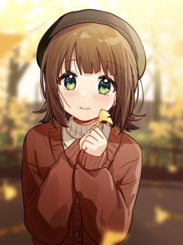 1girl amami_haruka autumn autumn_leaves beret black_hat blunt_bangs blurry blurry_background brown_hair cardigan commentary eyelashes flipped_hair ginkgo_leaf hat highres holding holding_leaf idolmaster idolmaster_(classic) idolmaster_million_live! idolmaster_million_live!_theater_days leaf light_blush looking_at_viewer medium_hair nnnn outdoors red_cardigan sleeves_past_wrists smile solo sweater symbol-only_commentary turtleneck turtleneck_sweater upper_body