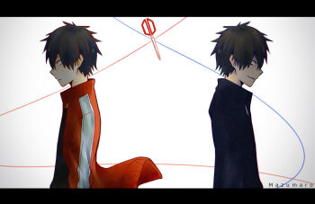 2boys artist_name commentary dual_persona highres jacket kagerou_project kisaragi_shintarou letterboxed loss_time_memory_(vocaloid) male_focus mazumaro multiple_boys profile red_eyes red_jacket scissors simple_background track_jacket vocaloid