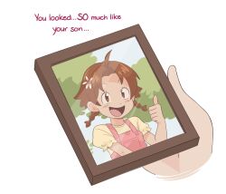Rule 34 | 1girl, aged down, ahoge, braid, brown eyes, brown hair, creatures (company), delia ketchum, flower, game freak, hair flower, hair ornament, highres, jessie (pokemon), kiana mai, medium hair, nintendo, open mouth, overalls, picture frame, pokemon, pokemon (anime), simple background, smile, solo, thumbs up, tree, twin braids, white background