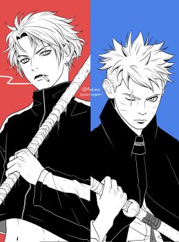 2boys boruto:_two_blue_vortex bud_weiser cigarette cloak commentary_request cosmos_(ikemoto_mikio) creator_connection earrings frown greyscale_with_colored_background highres holding holding_polearm holding_sword holding_weapon jacket jewelry male_focus matsu_(fu6ide2) multiple_boys naruto_(series) one_eye_closed polearm ring scar scar_across_eye scar_on_face smoke smoking split_screen sword track_jacket twitter_username uzumaki_boruto watermark weapon